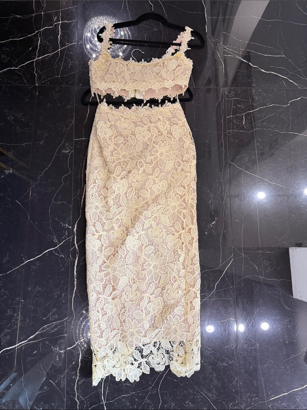 Lace Midi Skirt and crop top in Light Beige and yellow - Elegant Floral Crochet